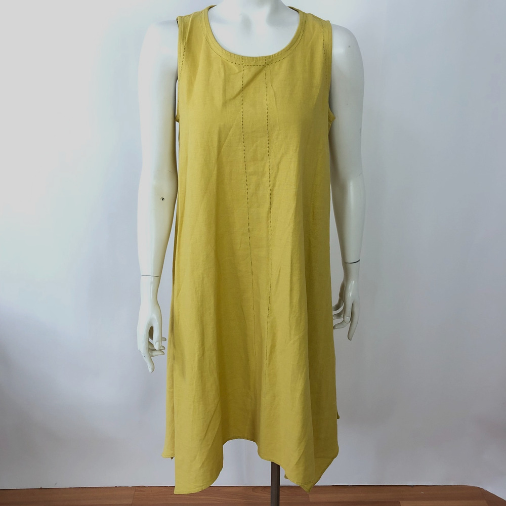 Cynthia Rowley Small 100% Linen Asymmetrical Knee Dress Mustard Yellow